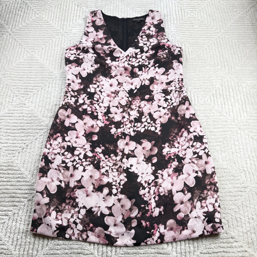 Banana Republic Floral Shift Dress Women's 10 Pink Black Garden Party Brunch Mod